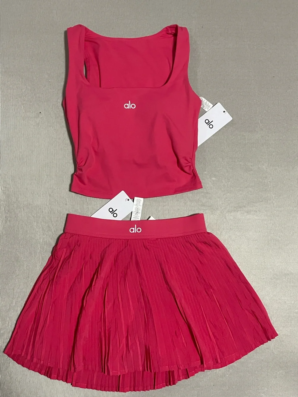 ALO Yoga Hot Pink Cropped Tank Top with Pleated Skirt Set